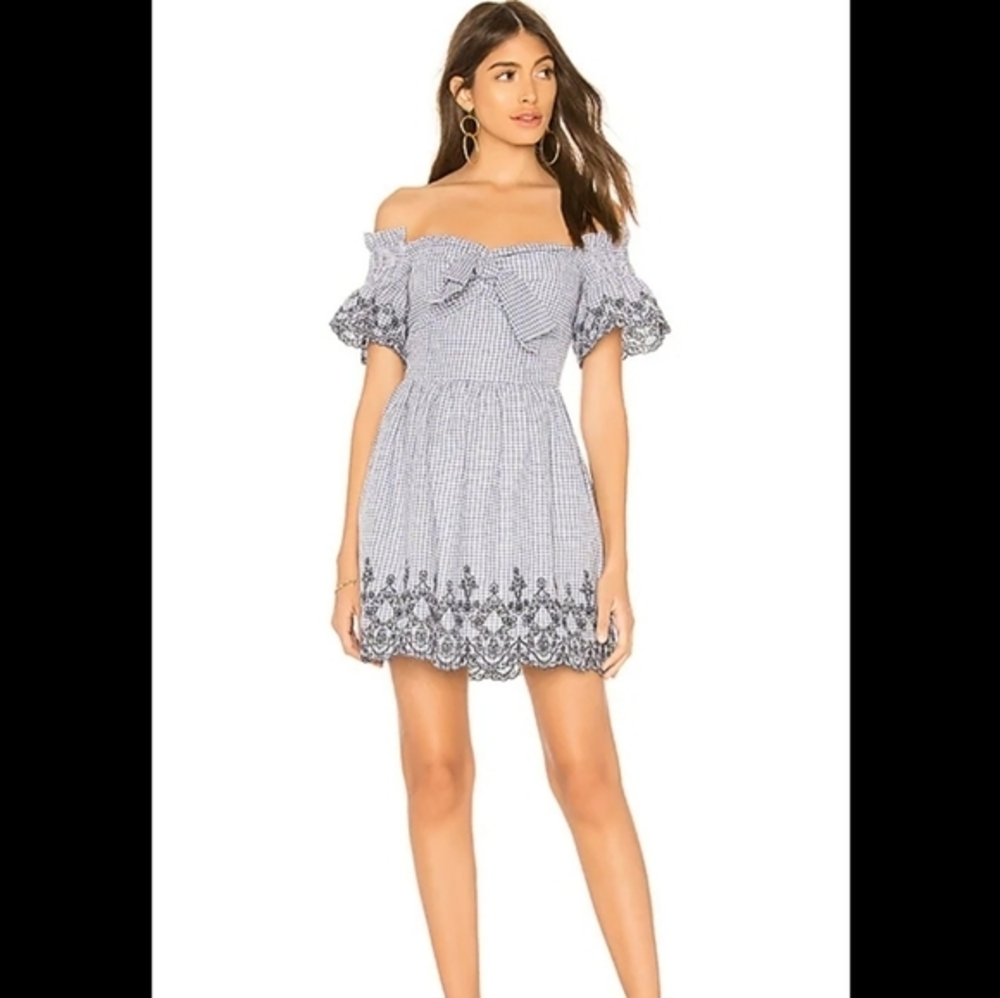 Anthropologie J.O.A. off the shoulder blue gingham dress with embroidery